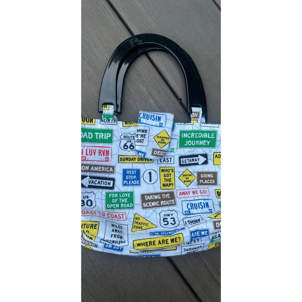 KD Handbags Road Trip Highway Sign Print Tote Bag Black Acrylic Handle Quirky
